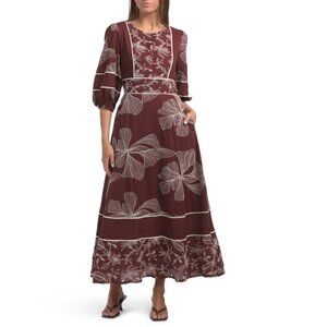 SOLITAIRE Burgundy Three-quarter Sleeve Floral Embroidered Maxi Dress